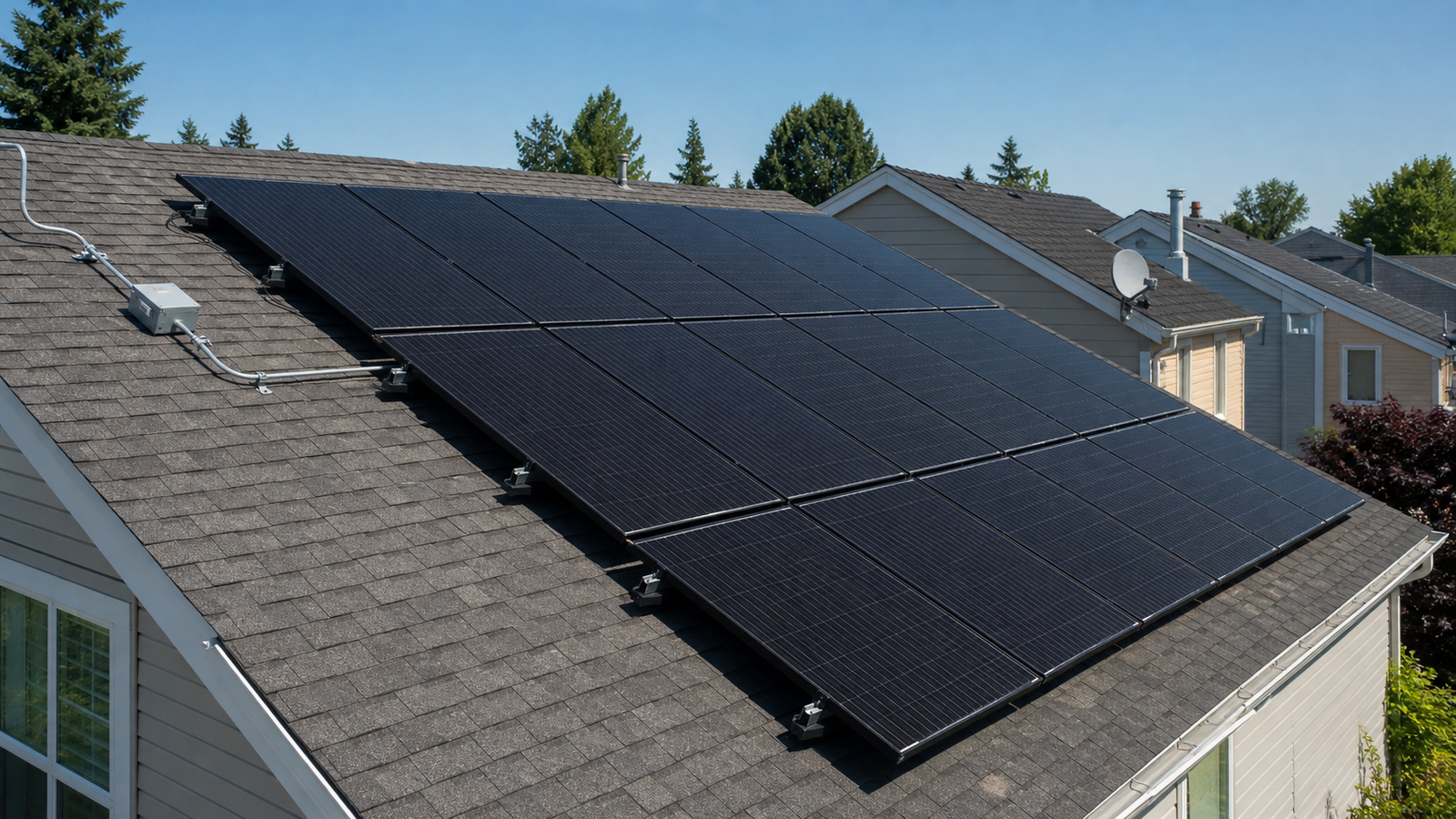Residential rooftop solar installation with black panels under a clear sky