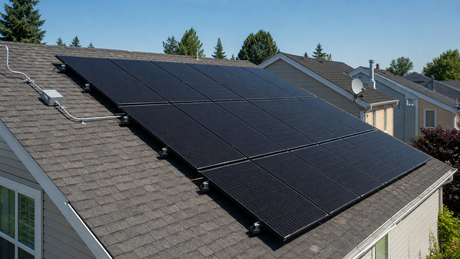 Residential rooftop solar installation with black panels under a clear sky