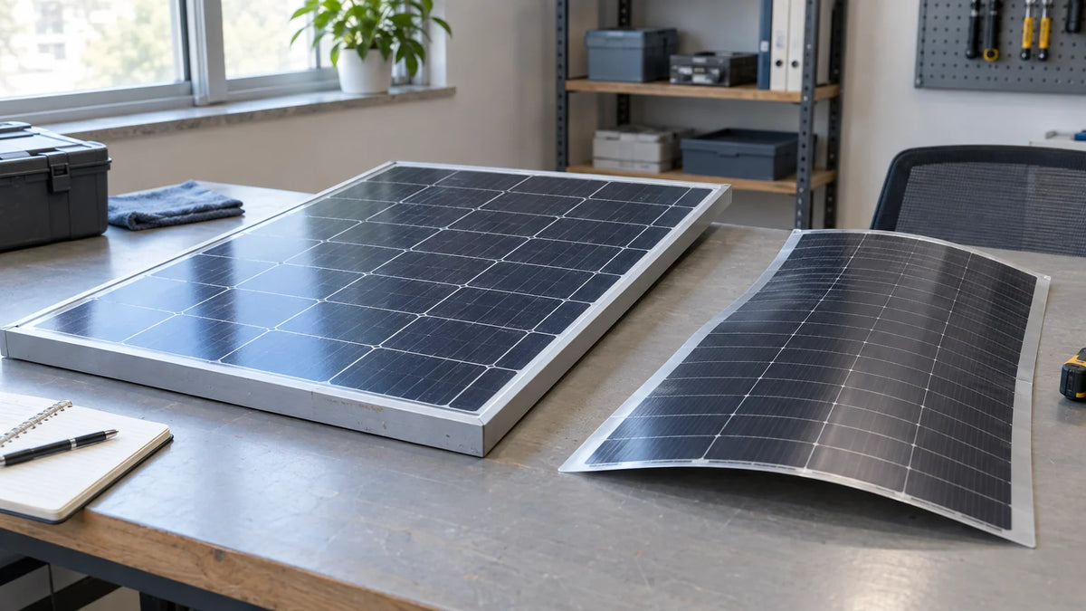 Separate finished compact rigid framed PV module and flexible laminated PV sample on a practical inspection desk, no ranking or technology-label claim.