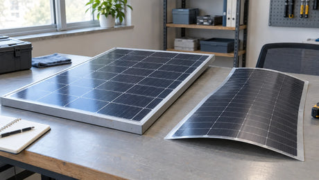 Separate finished compact rigid framed PV module and flexible laminated PV sample on a practical inspection desk, no ranking or technology-label claim.
