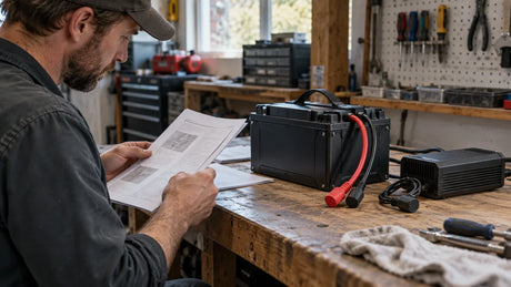 A protected LiFePO4 battery pack rests beside a closed adjustable charger while a technician reviews blank settings notes.