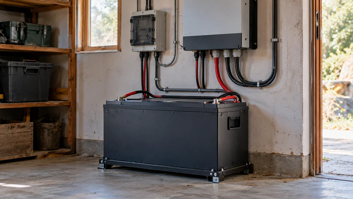 A protected lithium iron phosphate battery supports a small solar system in a practical equipment room.