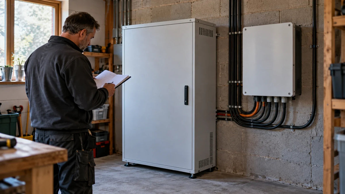 A technician checks a closed lithium iron phosphate battery cabinet in an ordinary solar storage utility room.