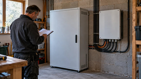 A technician checks a closed lithium iron phosphate battery cabinet in an ordinary solar storage utility room.