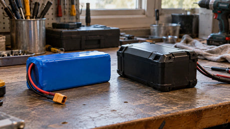 Two unbranded protected lithium battery packs of different shapes are compared on a clean technical workbench.