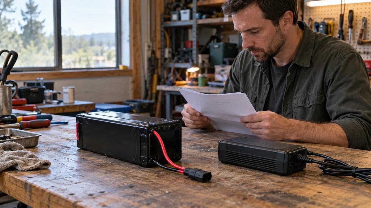 A protected lithium battery pack and closed adjustable charger are checked on a practical technician's workbench.