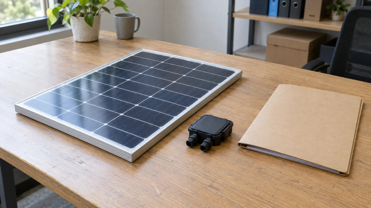 One compact finished PV module, separate covered connector and plain unmarked quotation folder on modest sourcing desk.