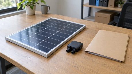 One compact finished PV module, separate covered connector and plain unmarked quotation folder on modest sourcing desk.