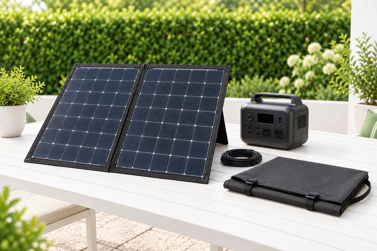 AI scenario illustration: two-section folding solar array, separate receiver and carry case at an outdoor inspection table