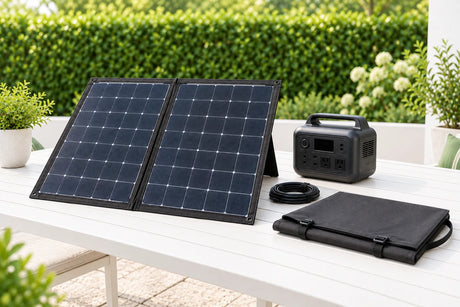 AI scenario illustration: two-section folding solar array, separate receiver and carry case at an outdoor inspection table