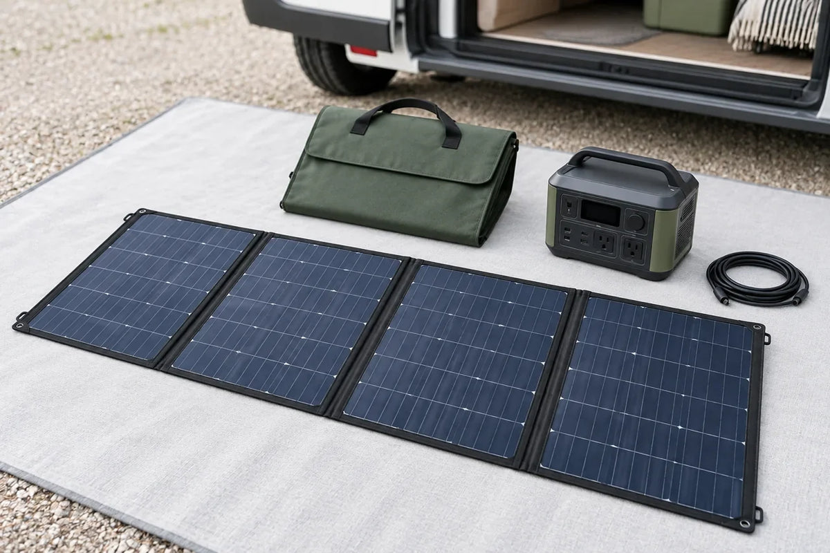 AI scenario illustration: four-section folding solar array laid out with a carry case and separate receiver beside a vehicle loading area