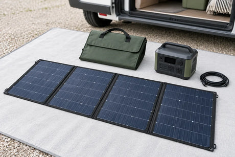 AI scenario illustration: four-section folding solar array laid out with a carry case and separate receiver beside a vehicle loading area