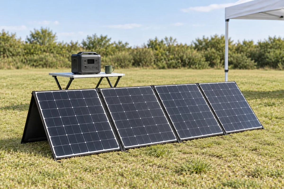 AI scenario illustration: complete four-section folding solar array deployed on grass with a separate receiver behind