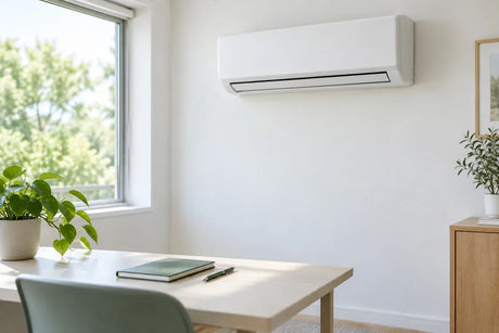 AI scenario illustration: unbranded mini split indoor unit in a bright room with a plain planning notebook