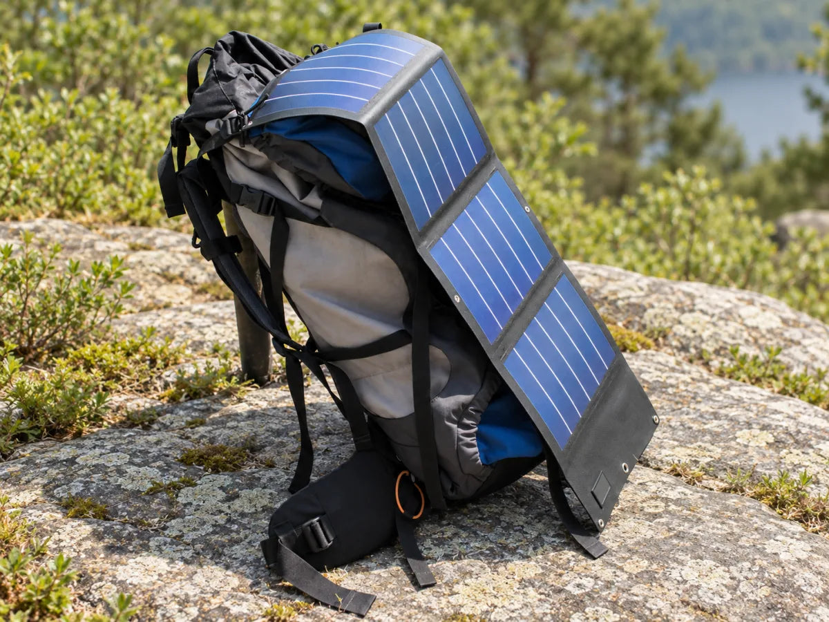 Blue folding solar charger draped over a gray backpack on a rock, with straps and fabric borders visible