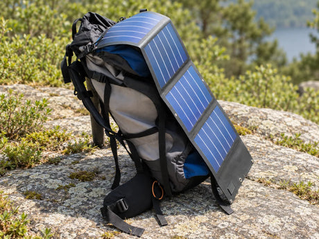 Blue folding solar charger draped over a gray backpack on a rock, with straps and fabric borders visible