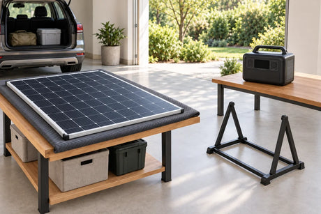 AI scenario illustration: rigid solar module on a padded packing bench with a separate support and unconnected receiver