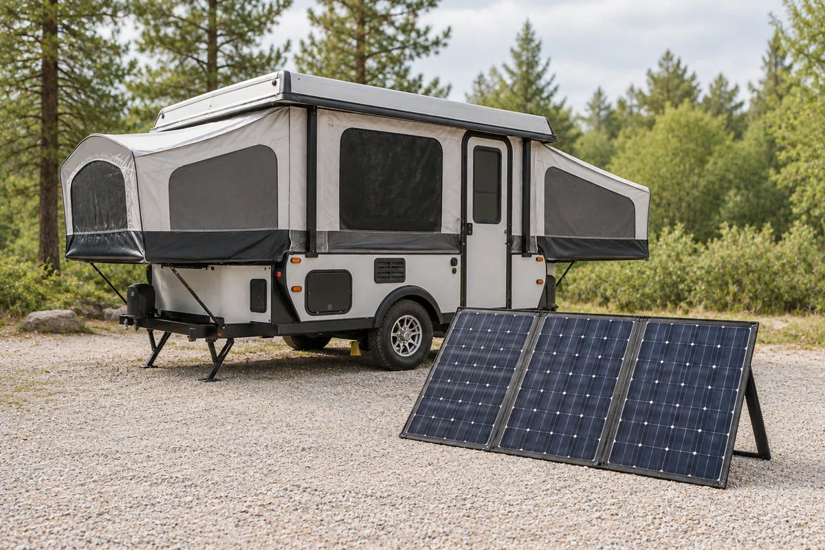 AI scenario illustration: Raised pop-up trailer with a separate ground-deployed folding solar panel