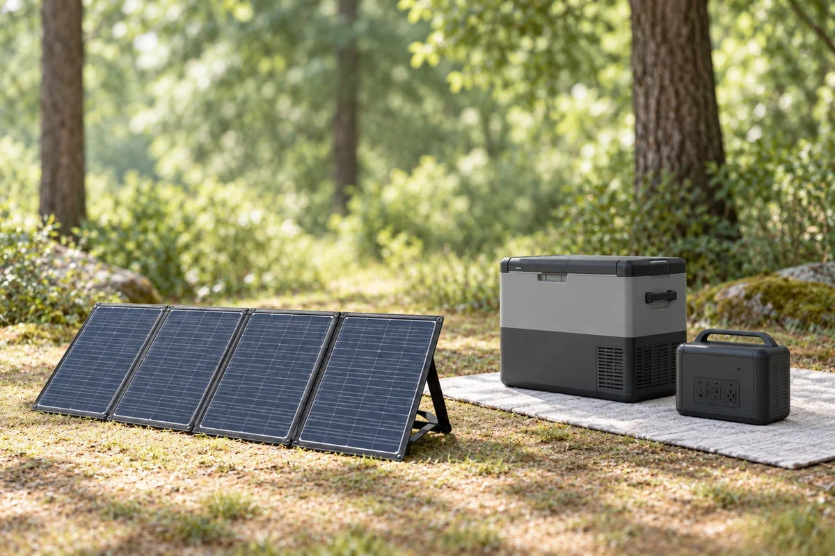 AI scenario illustration: camping fridge and separate receiver in shade with a panel in sunlight