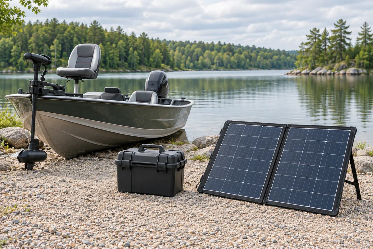 AI scenario illustration: trolling-motor boat, closed battery box and separate folding solar panel