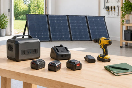 AI scenario illustration: cordless tool, charging dock, battery packs and separate receiver