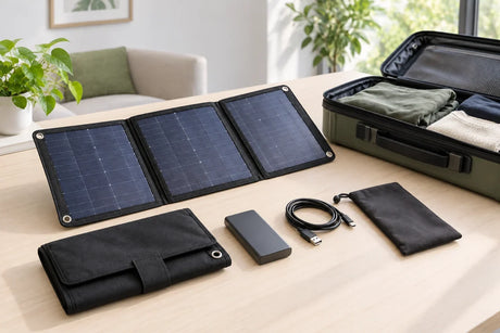 AI scenario illustration: folding panel, power bank and travel packing gear laid out separately