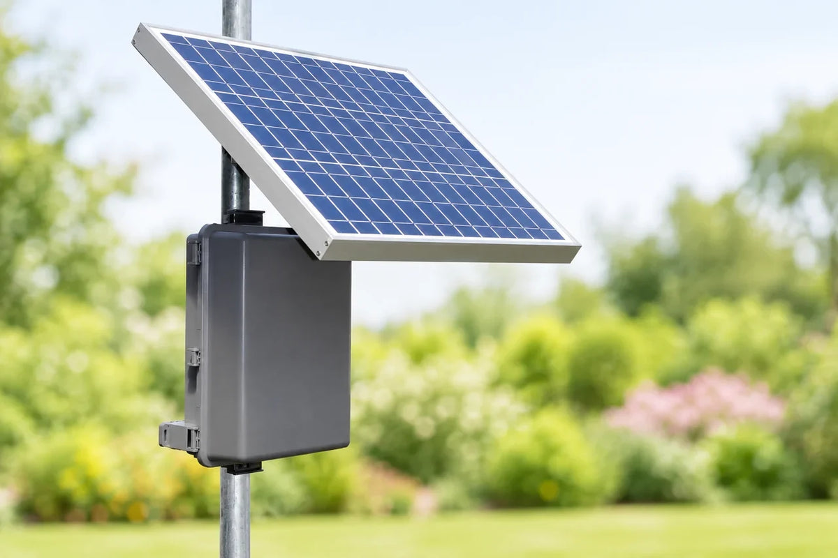 AI-edited user photograph: closed gray enclosure beneath a blue solar module on a pole