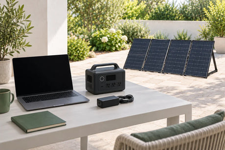 AI scenario illustration: laptop in shade, separate receiver and sunlit folding solar panel