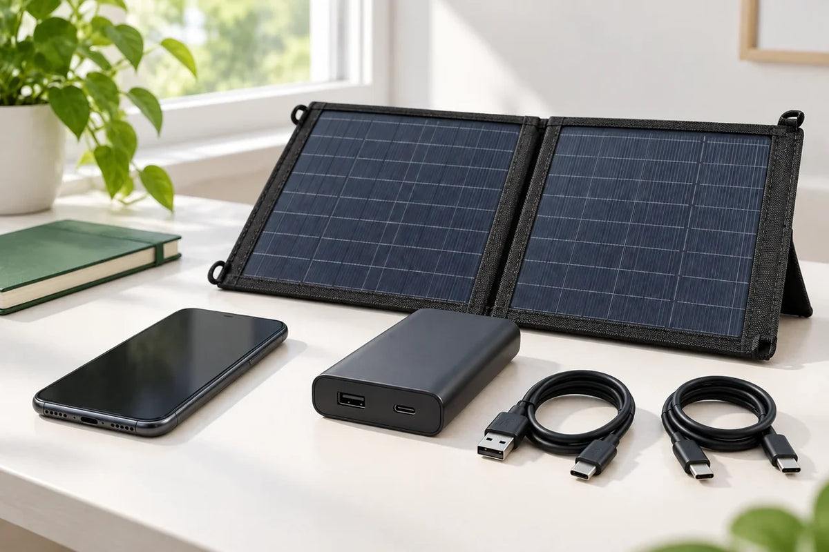 AI scenario illustration: power-bank ports, phone and unplugged USB leads beside a folding panel