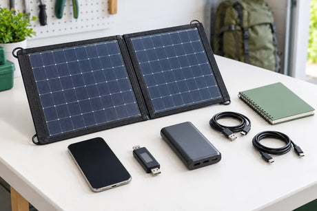 AI scenario illustration: folding charger, USB meter, bank, phone and loose leads on a test table