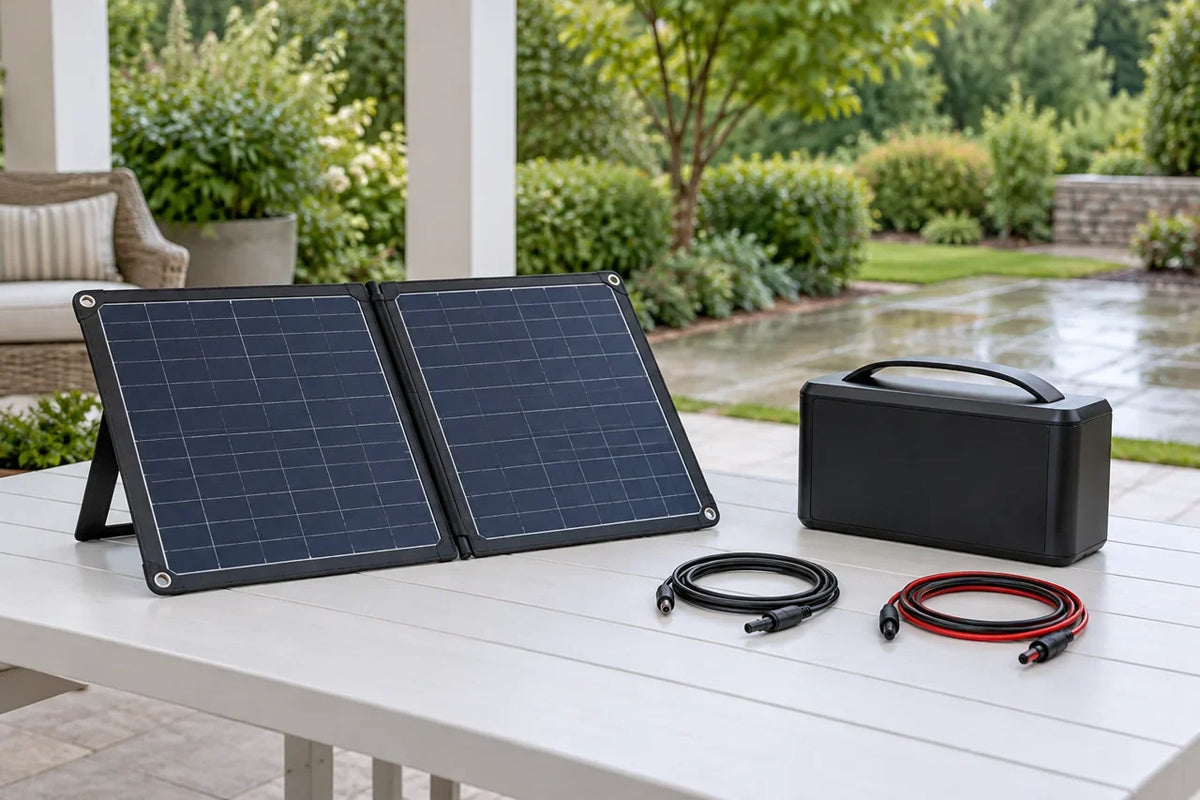AI scenario illustration: dry folding solar panel, separate bank and disconnected leads on a sheltered preparation table