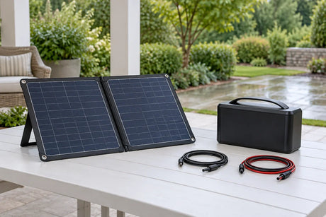 AI scenario illustration: dry folding solar panel, separate bank and disconnected leads on a sheltered preparation table