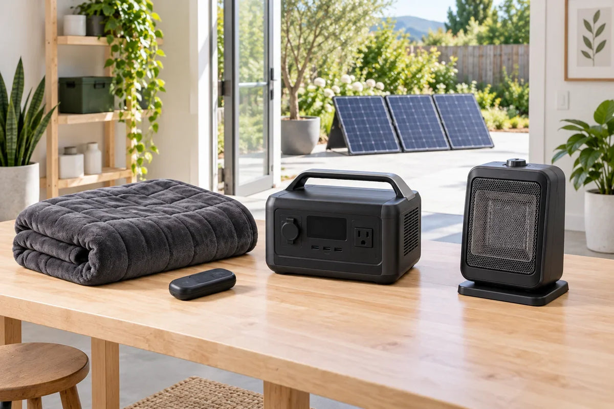 AI scenario illustration: separate heated blanket, controller, space heater and receiver on a workshop bench