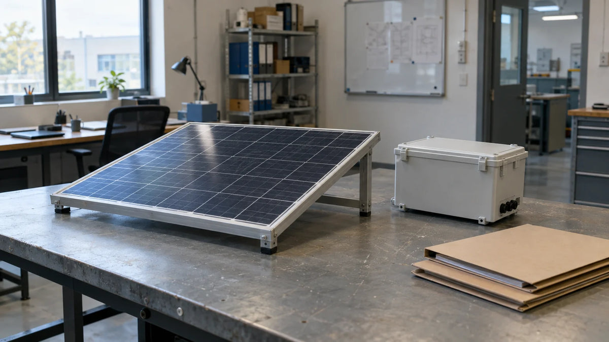 A small finished solar panel on a stand in a purchasing review room, beside a sealed equipment enclosure and a blank folder for checking configuration.