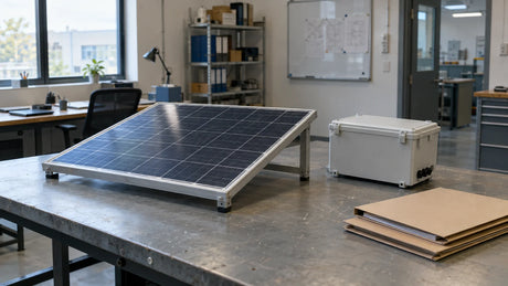 A small finished solar panel on a stand in a purchasing review room, beside a sealed equipment enclosure and a blank folder for checking configuration.
