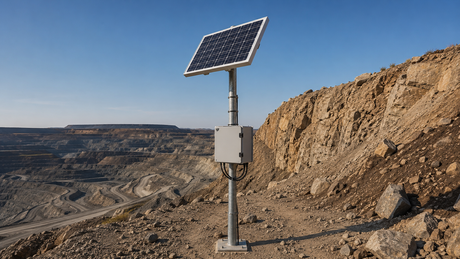 Solar panel on steel pole with monitoring equipment at an open-cut mine