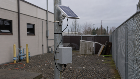 A small solar module mounted on a pole powering an outdoor IoT sensor node.
