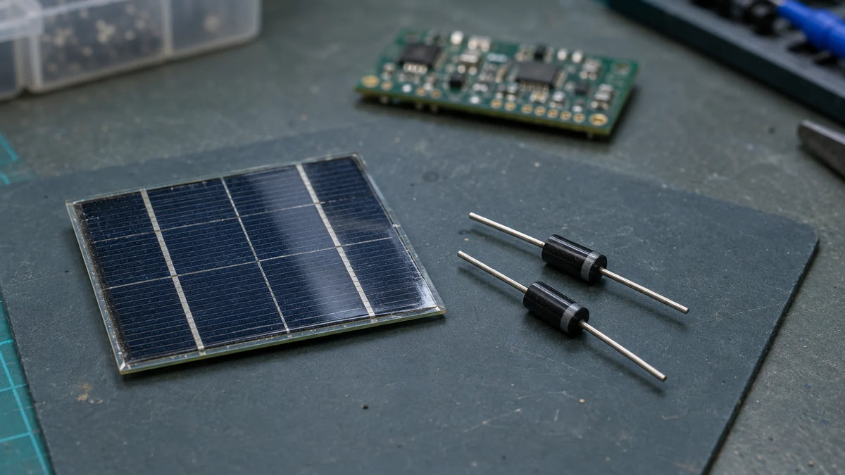 A small solar-panel sample and unmarked diode components rest on an electronics workbench during a module-interface review.