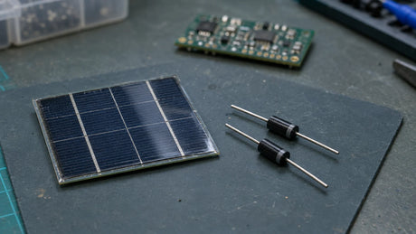 A small solar-panel sample and unmarked diode components rest on an electronics workbench during a module-interface review.
