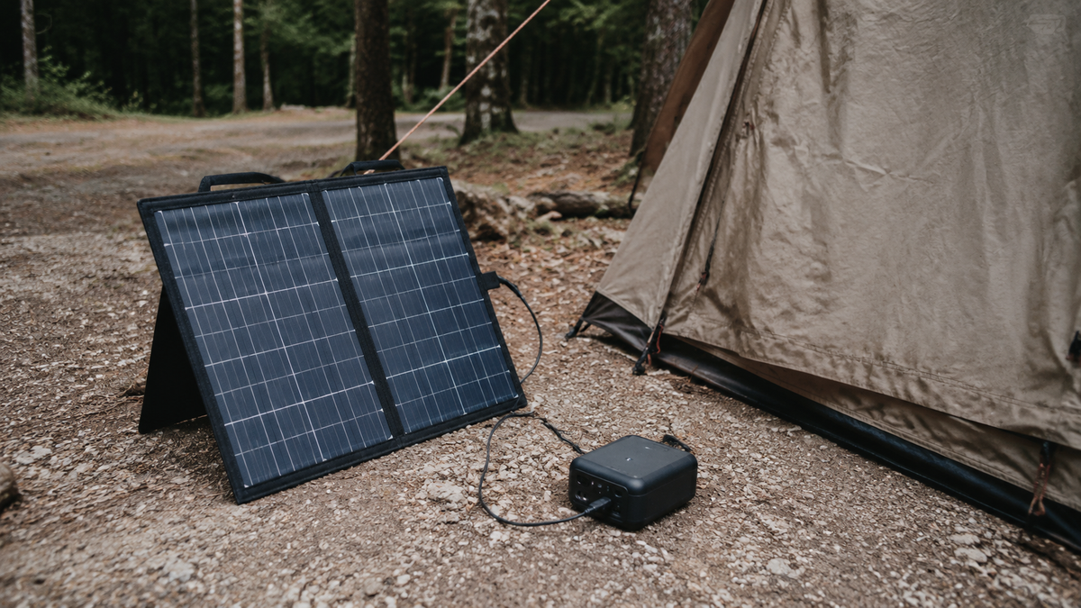 A portable mini solar panel set up outdoors to charge a device.