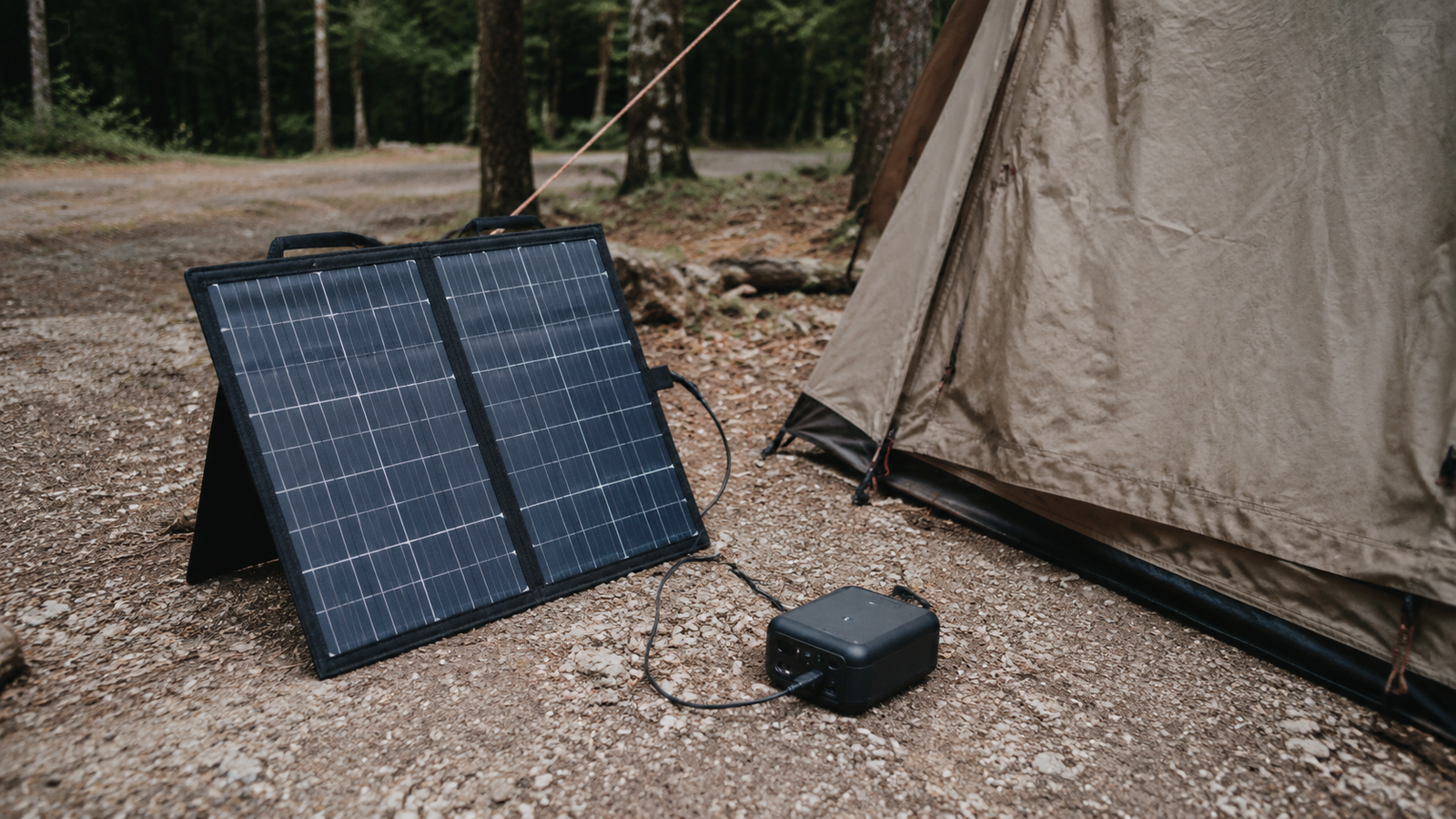 Small IoT solar panel charging a device next to a tent at a campsite
