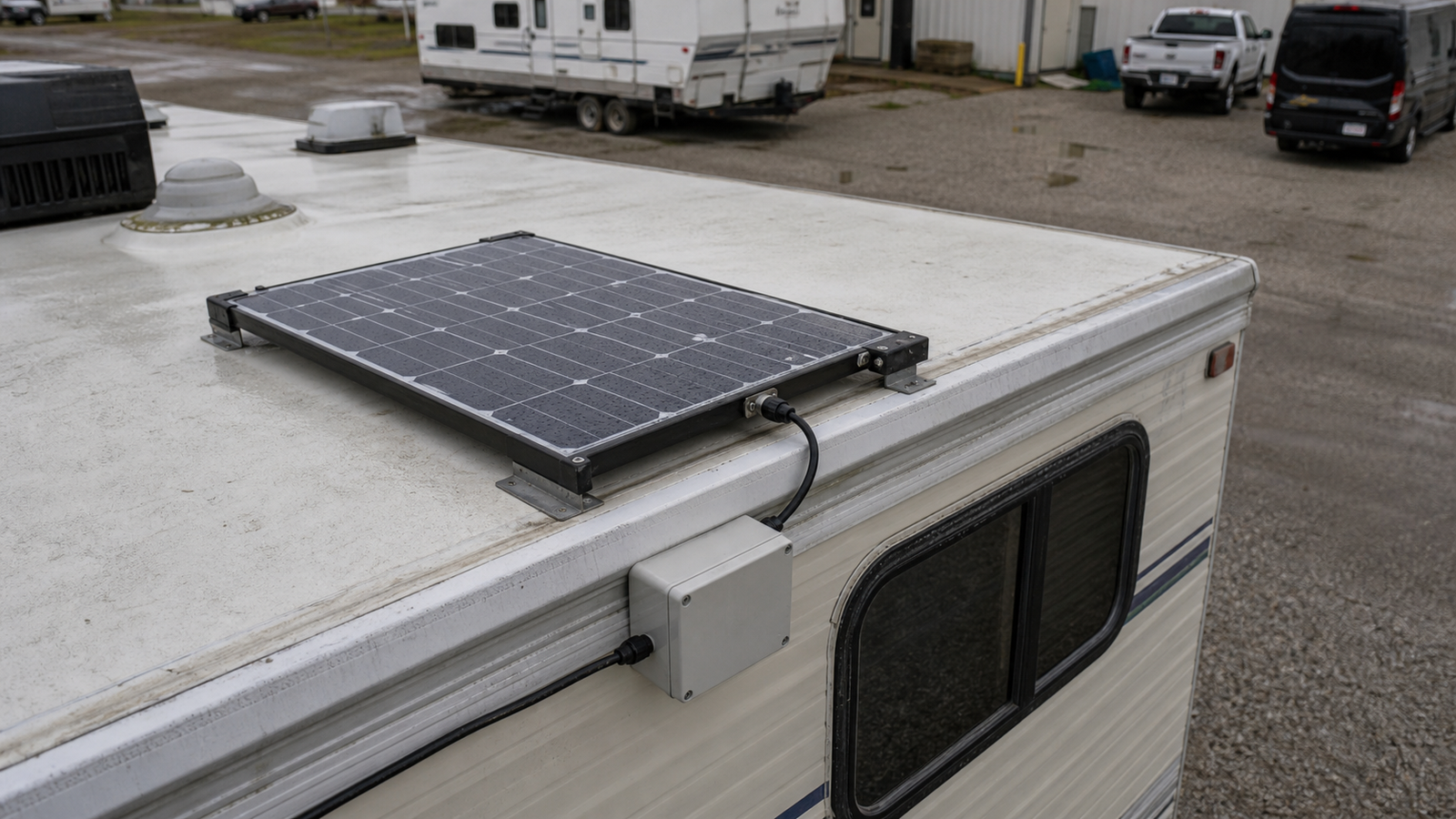 Small IoT solar panel mounted on an RV roof edge with waterproof cable gland and routed cables