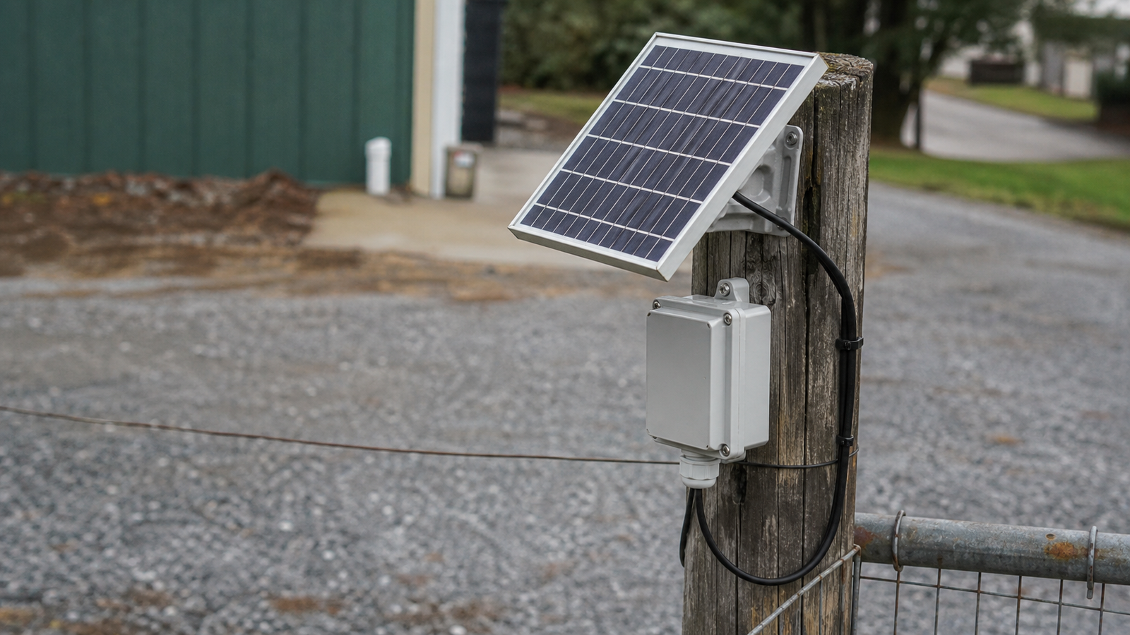 Small IoT solar panel installed on a fence post with waterproof cable gland connected to sensor enclosure