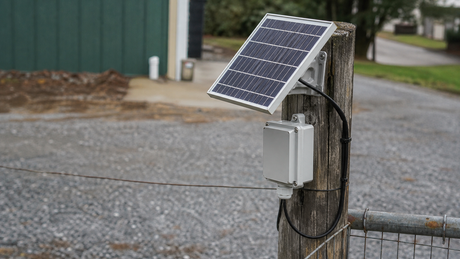 Small IoT solar panel installed on a fence post with waterproof cable gland connected to sensor enclosure