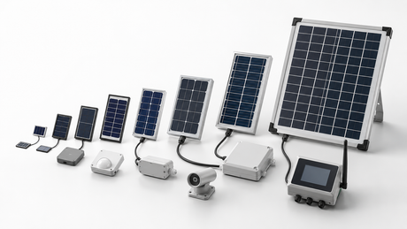 Mini solar panels in ascending sizes paired with generic IoT sensors, cameras, and remote monitoring devices