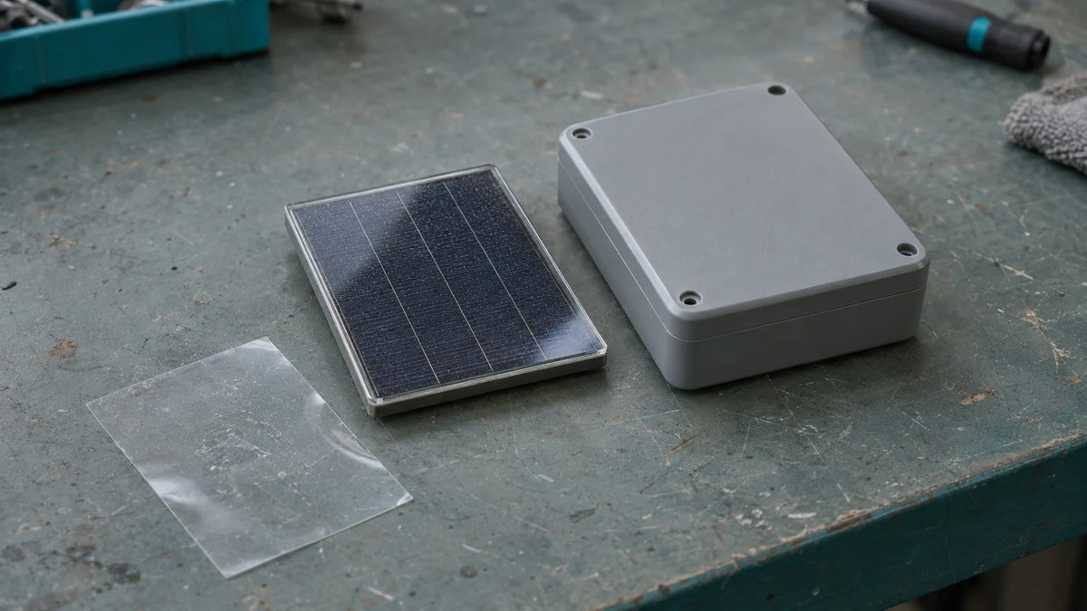 A small laminated solar panel prototype sits beside a compact device enclosure on an engineering bench during cover-material evaluation.