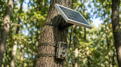 Mini solar panels powering a solar cellular trail camera mounted in the woods