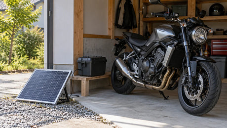A small solar panel sits near a stored motorcycle with its charging controller protected in a closed enclosure.