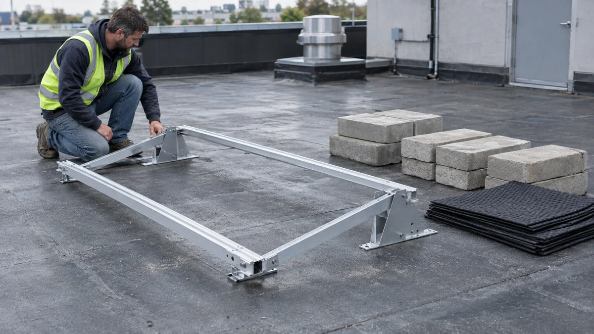 Unmounted low solar racks and ballast blocks beside protective pads on a flat roof with an intact membrane and a visible service path.