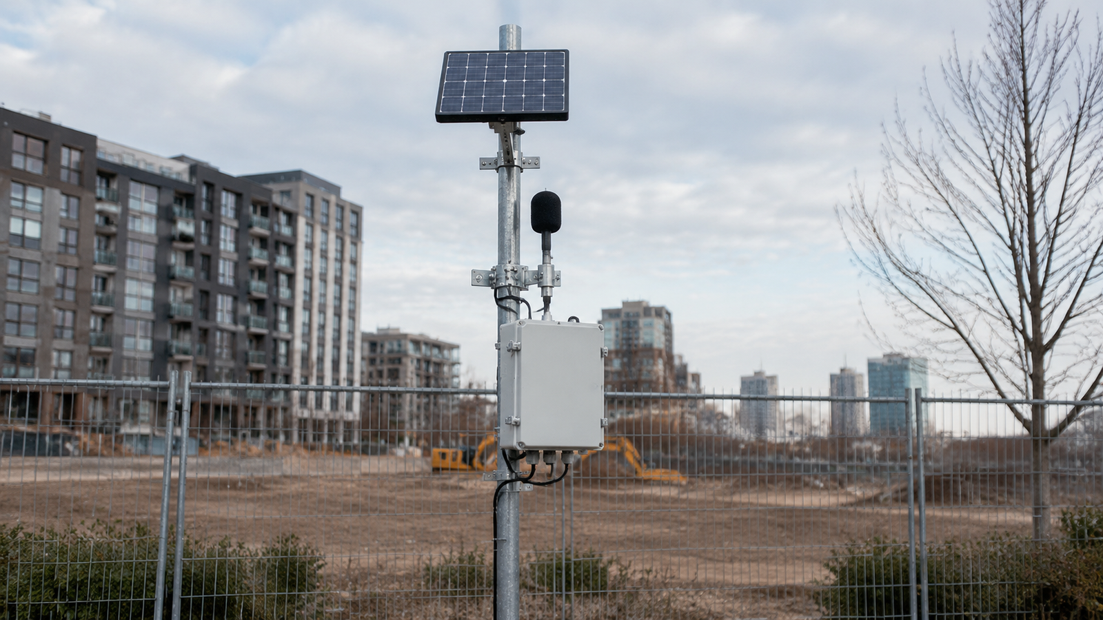 Solar panel and noise monitoring station mounted on a pole at a construction site